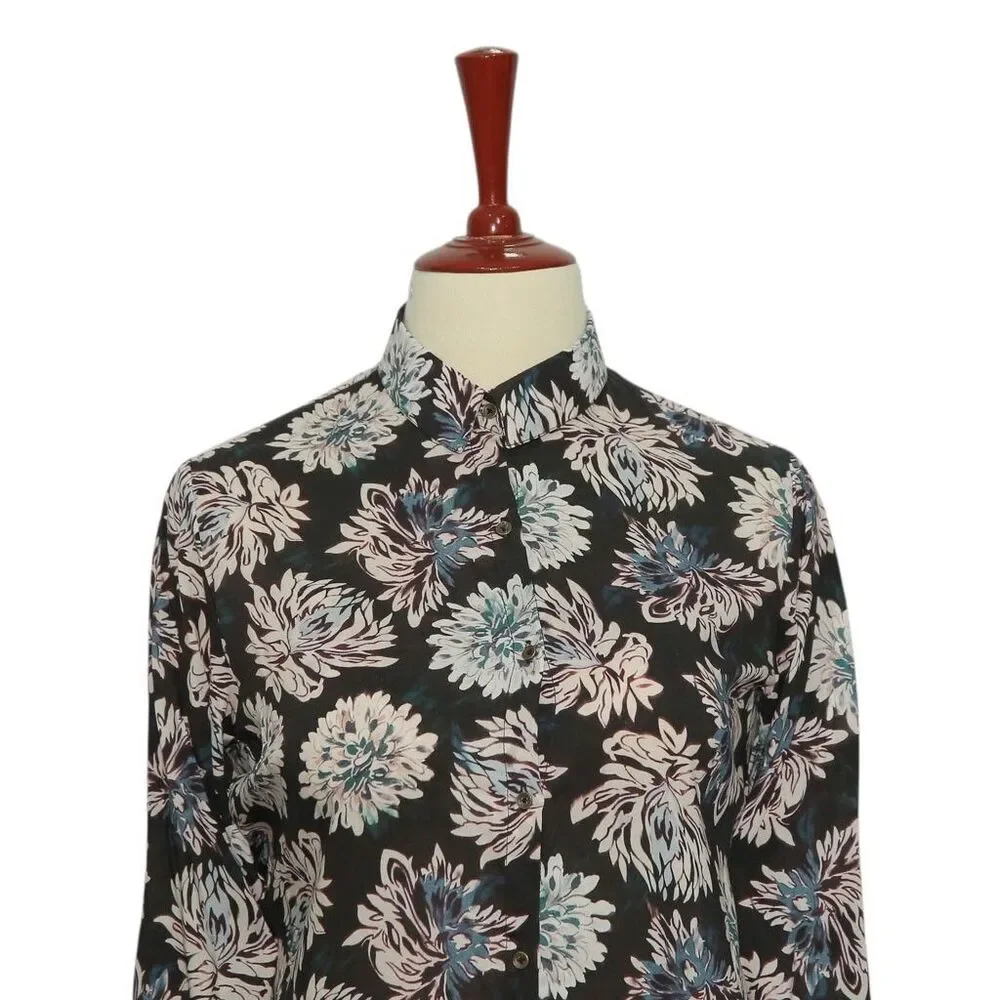 Womens Floral Shirt Black Pink Blue Blouse Button Up Dressy Top Medium Work - Picture 3 of 7